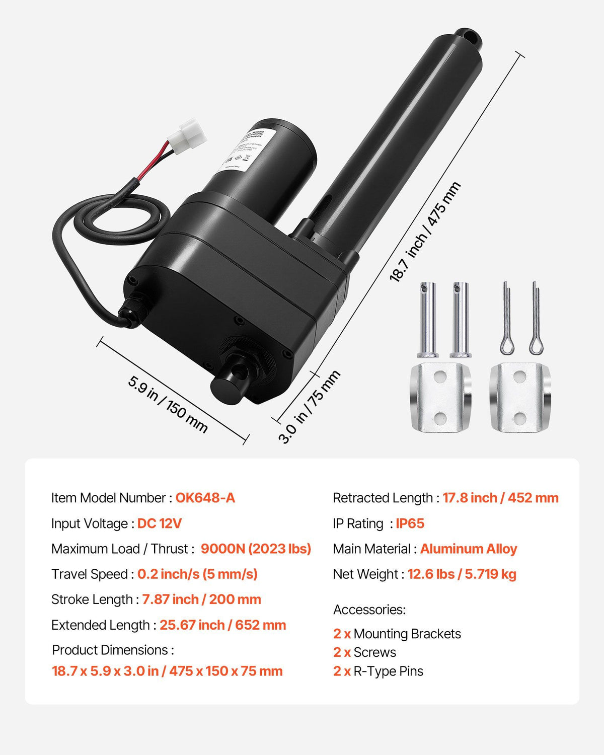12V Linear Actuator, 200mm Stroke Ultra Heavy-Duty 9000N Linear Motion Actuator, IP65-Rated 5mm/s with V952-CZXXXZXQ9000NBK9C001V9