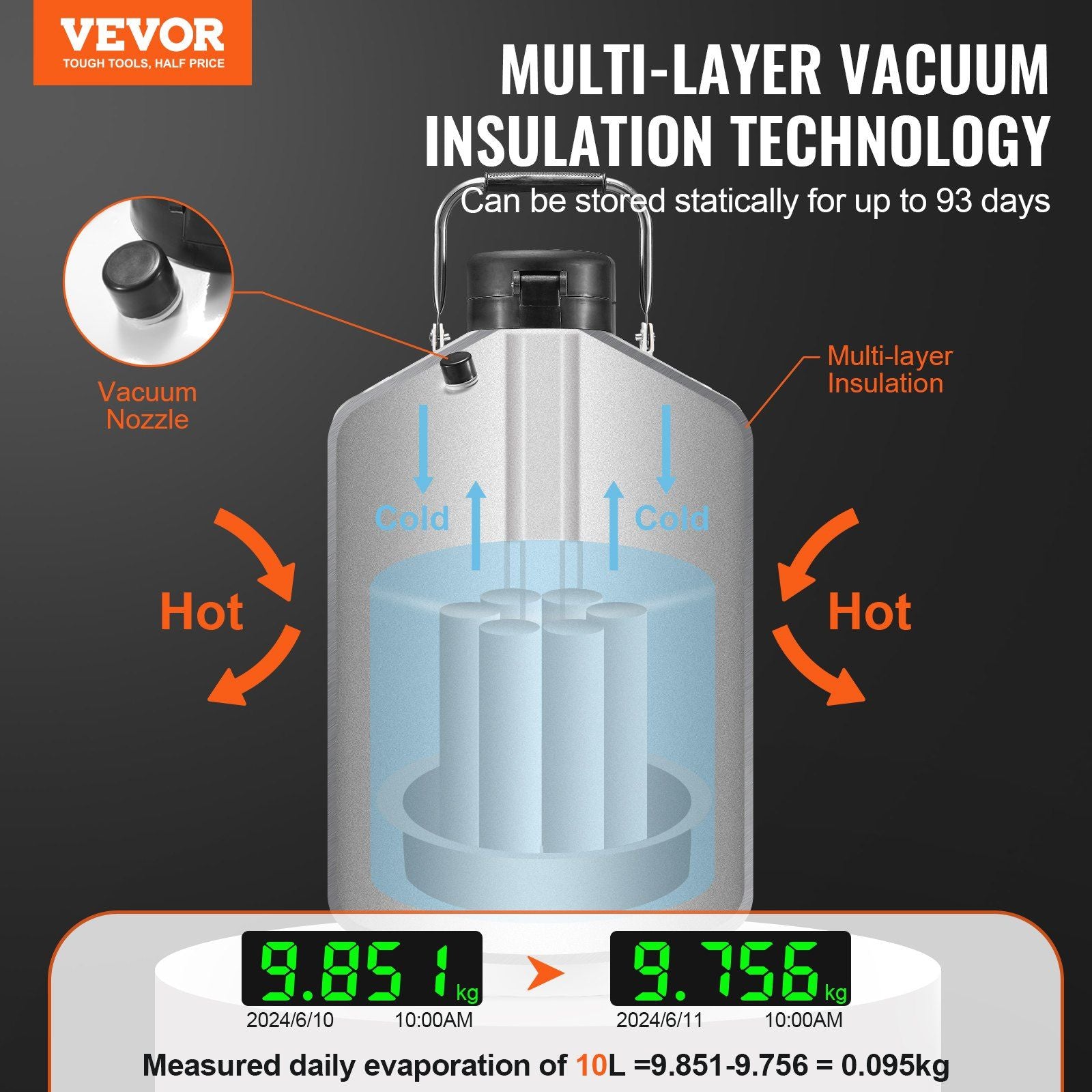 Liquid Nitrogen Tank, 10 L Aluminum Alloy Liquid Nitrogen Container, LN2 Tank Dewar with 6 Canisters and V952-CZXYDG10L000IEX2HV0