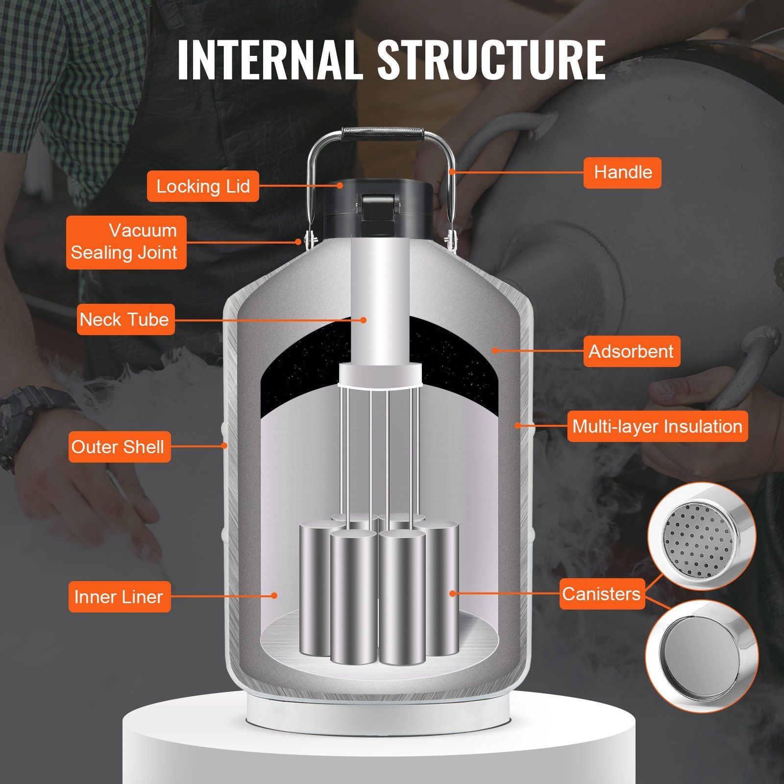 Liquid Nitrogen Tank, 10 L Aluminum Alloy Liquid Nitrogen Container, LN2 Tank Dewar with 6 Canisters and V952-CZXYDG10L000IEX2HV0