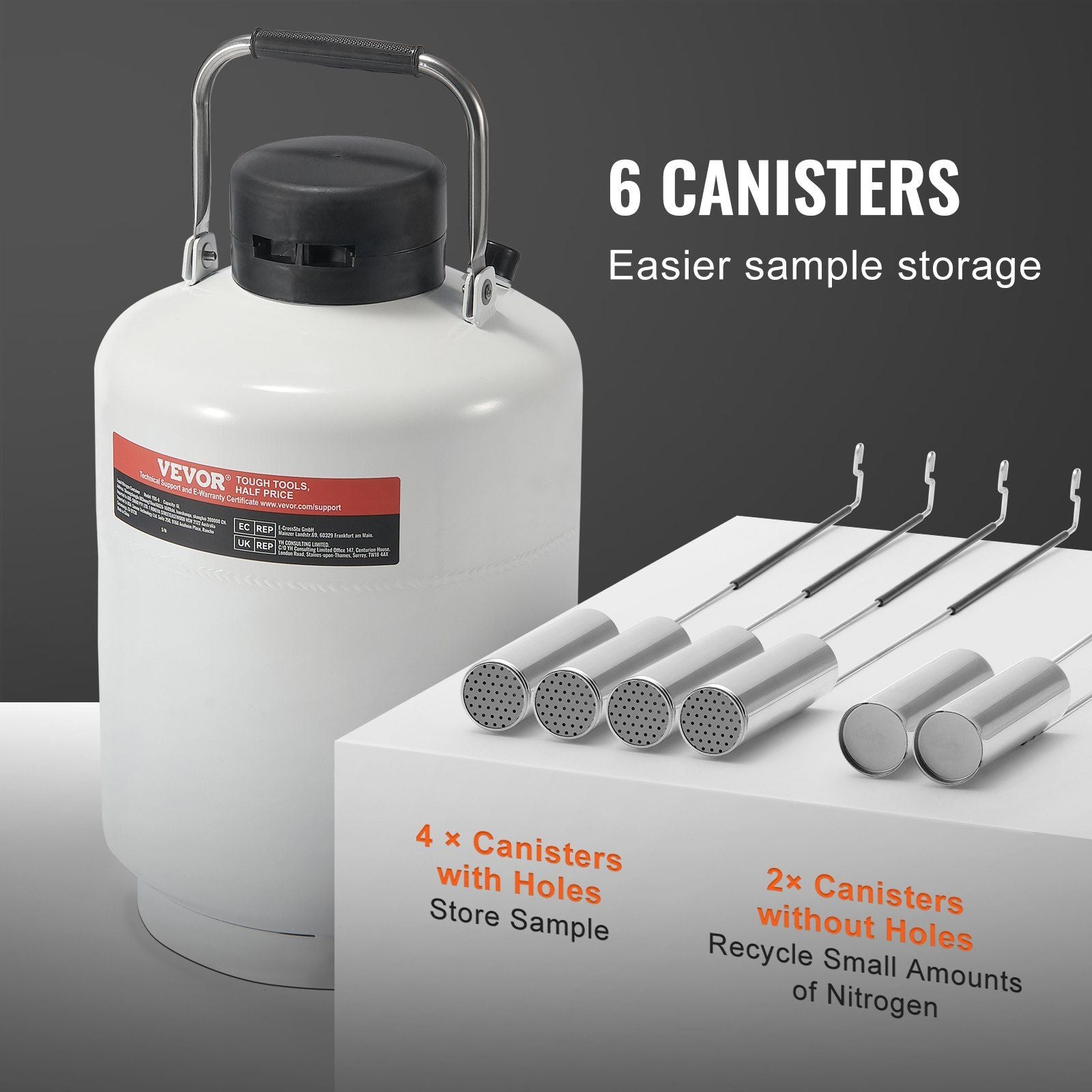 Liquid Nitrogen Tank, 10 L Aluminum Alloy Liquid Nitrogen Container, LN2 Tank Dewar with 6 Canisters and V952-CZXYDG10L000IEX2HV0