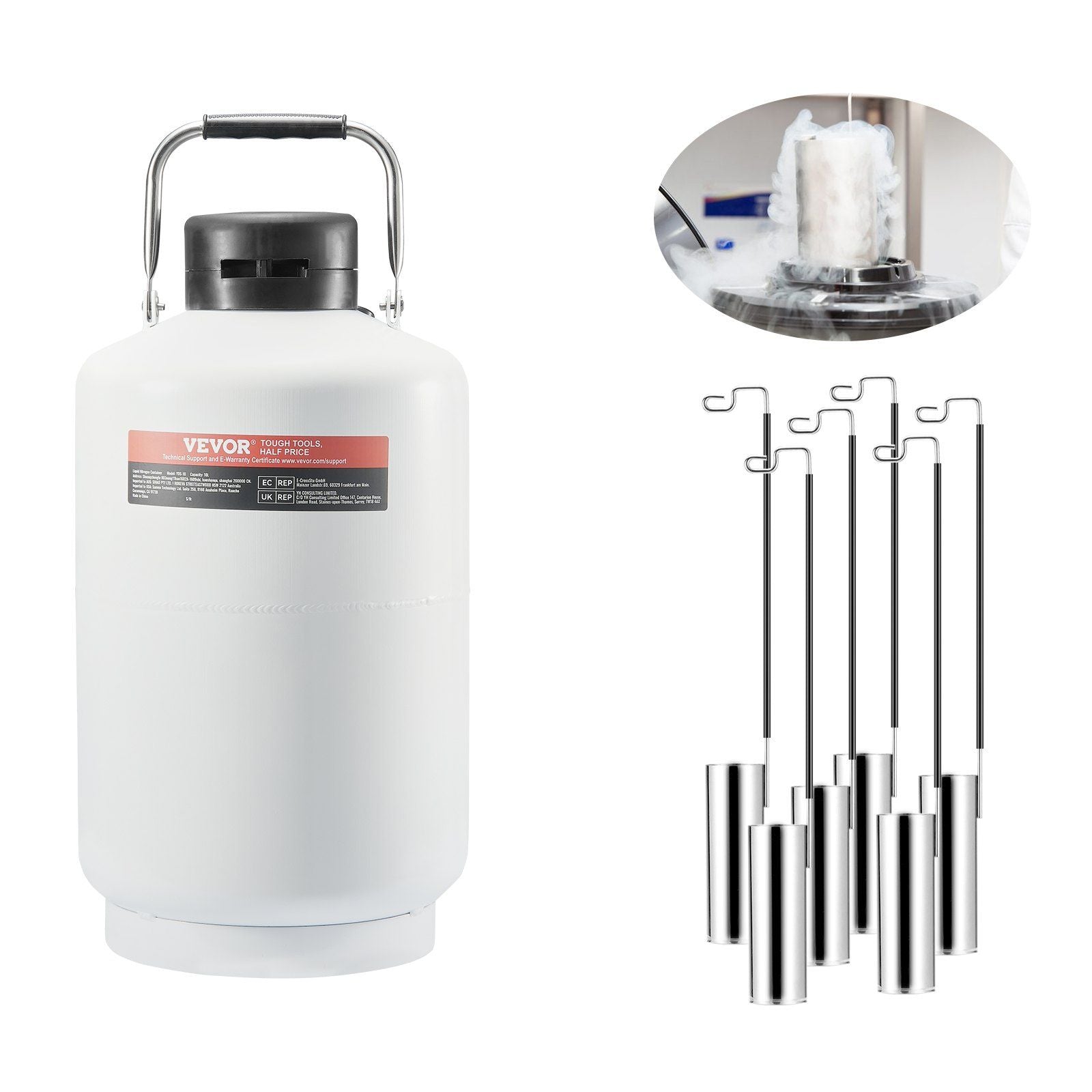 Liquid Nitrogen Tank, 10 L Aluminum Alloy Liquid Nitrogen Container, LN2 Tank Dewar with 6 Canisters and V952-CZXYDG10L000IEX2HV0