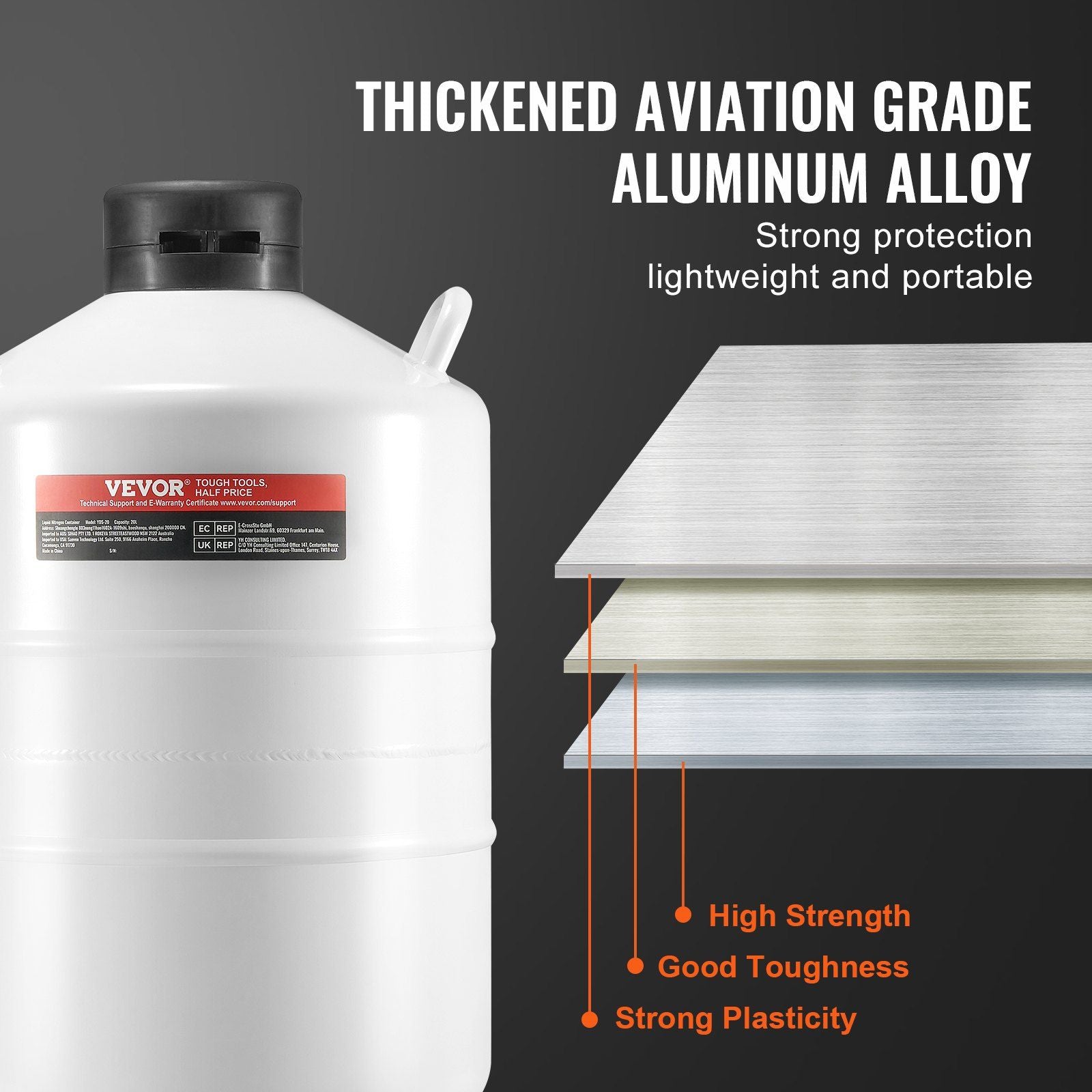Liquid Nitrogen Tank, 20 L Aluminum Alloy Liquid Nitrogen Container, LN2 Tank Dewar with 6 Canisters and V952-CZXYDG20L000J251UV0