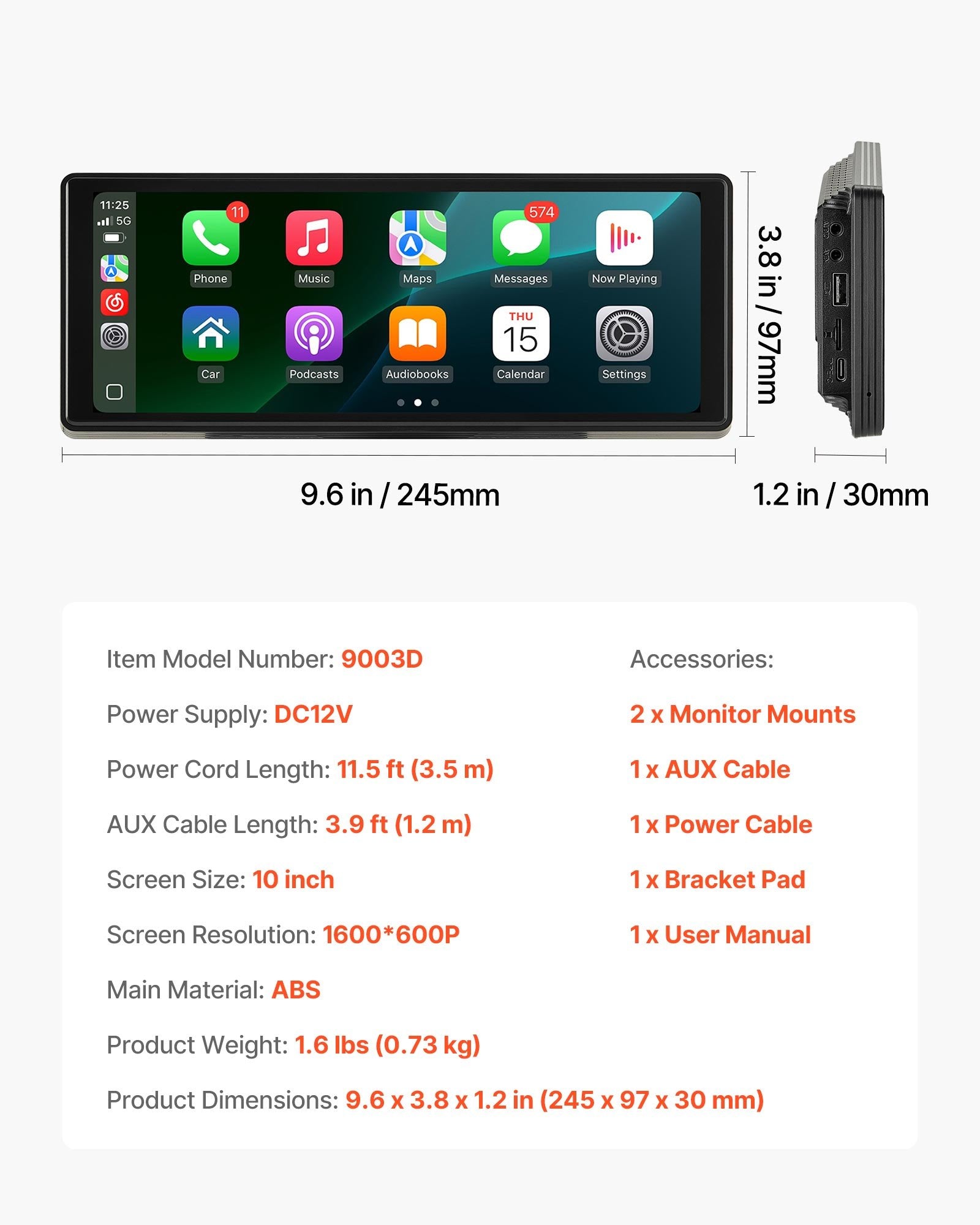 Car Stereo Radio CarPlay Touchscreen 254 mm Apple Android Auto Bluetooth V952-CZZKP10INCHBWKF1U001V9