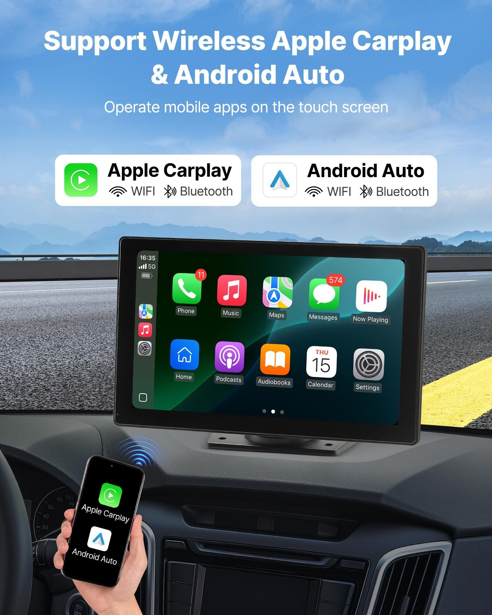 Wireless Car Stereo, 228.6mm HD Portable Radio Touch Screen with Apple CarPlay and Android Auto, CarPlay V952-CZZKP9INCHDQGMM4X001V9