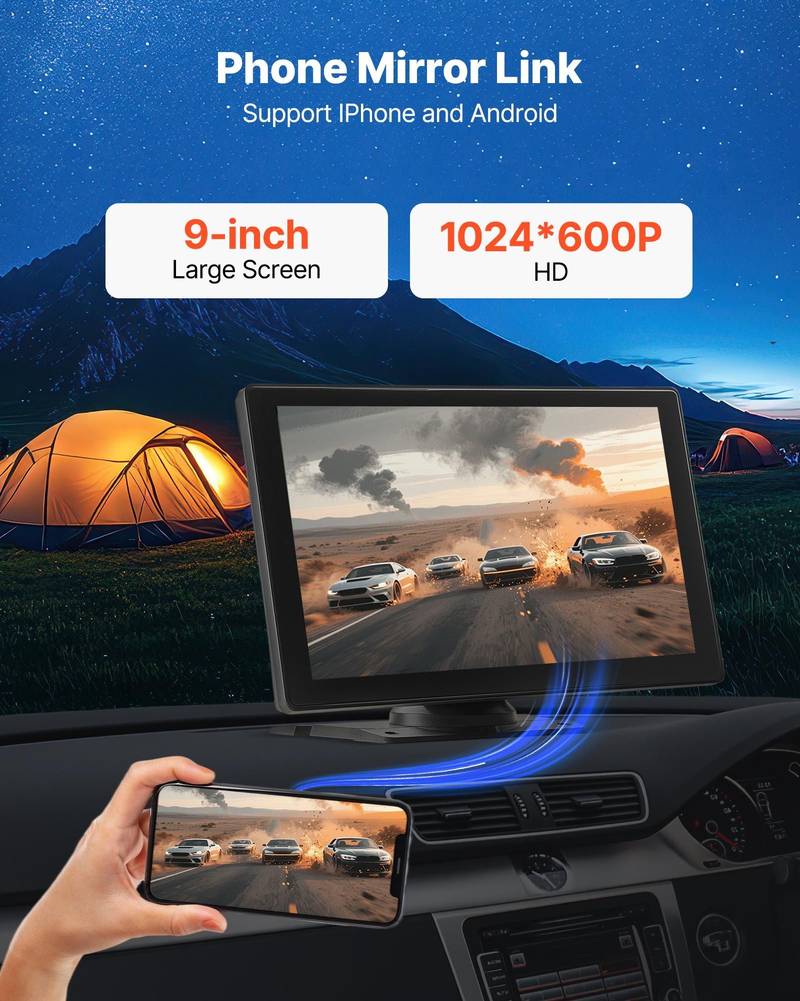 Wireless Car Stereo, 228.6mm HD Portable Radio Touch Screen with Apple CarPlay and Android Auto, CarPlay V952-CZZKP9INCHDQGMM4X001V9
