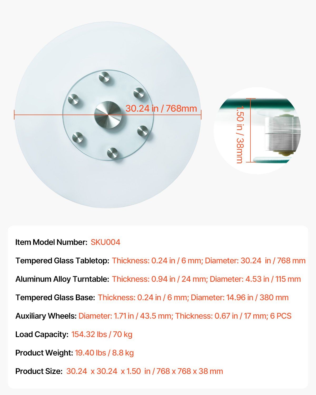 76.8 cm Glass Lazy Susan Turntable, Tempered Glass Dining Table Centerpiece with 6 Rotating Wheels, 360 V952-CZZP30YCBLTMNYA7MV0