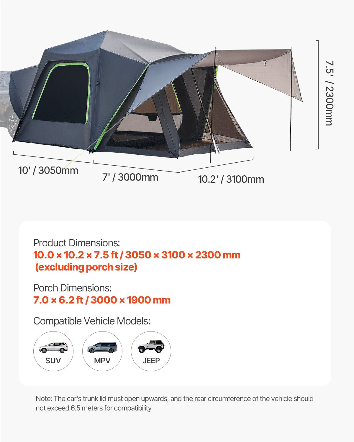 SUV Tent for Camping, 10FT L x 10FT W, Waterproof PU2000mm Spacious Double Layer Design for 5-8 Person, SUV V952-CZZPCHK1010F0ER65V0