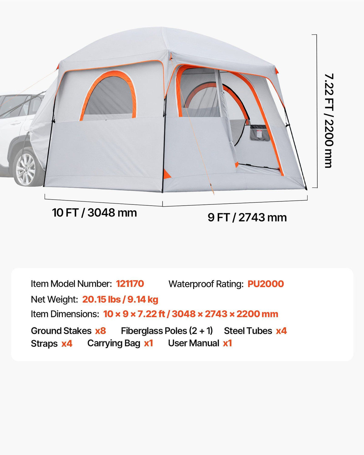 Large SUV Tent for 6 Person, 3.05 x 2.74m 3-Season SUV Tailgate Tent with Ventilated Doors & Mesh Windows, V952-CZZPCHK109FTIN0BQ001V0