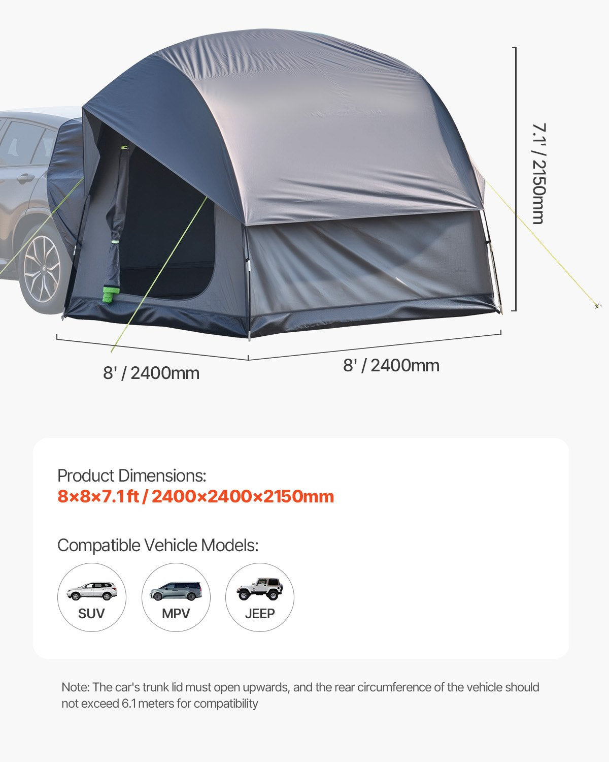 SUV Tent for Camping, 8FT L x 8FT W, Waterproof PU2000mm Spacious Double Layer Design for 5-8 Person, SUV V952-CZZPCHK88FT03MD8MV0