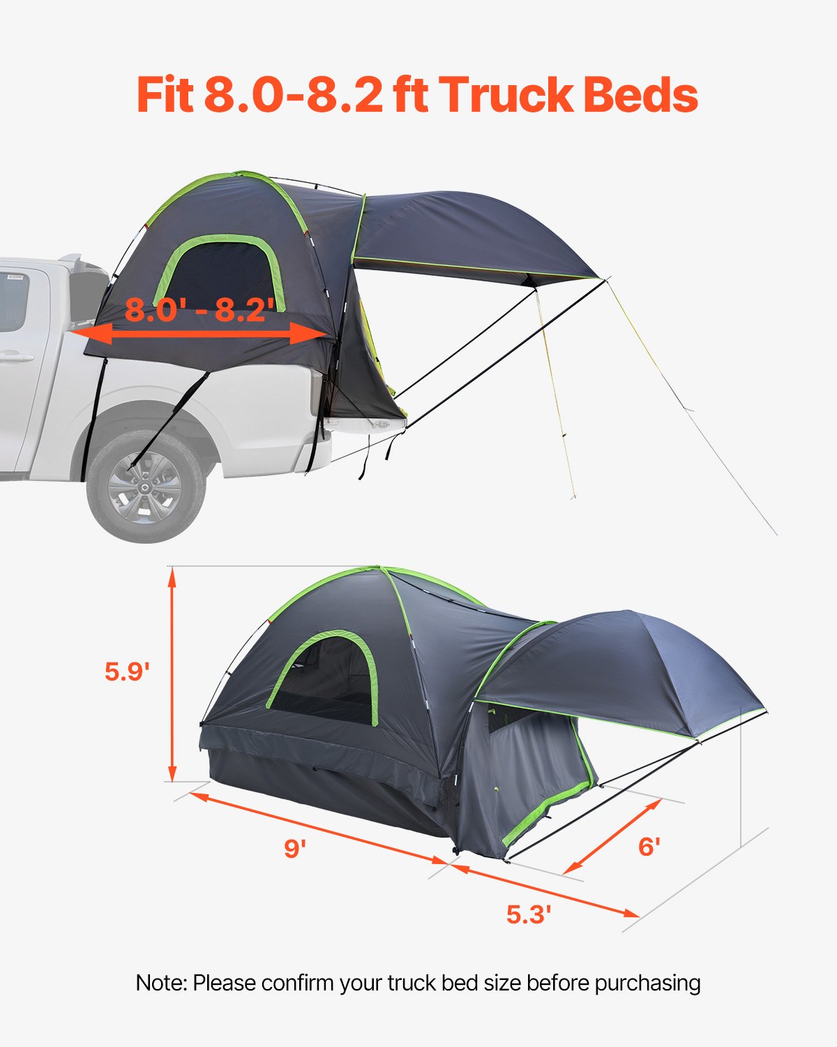 Truck Tent 8.0-8.2ft Waterproof PU2000 Truck Bed Camping Tent 2-3 Person V952-CZZPDZYPK808P1AXAV0