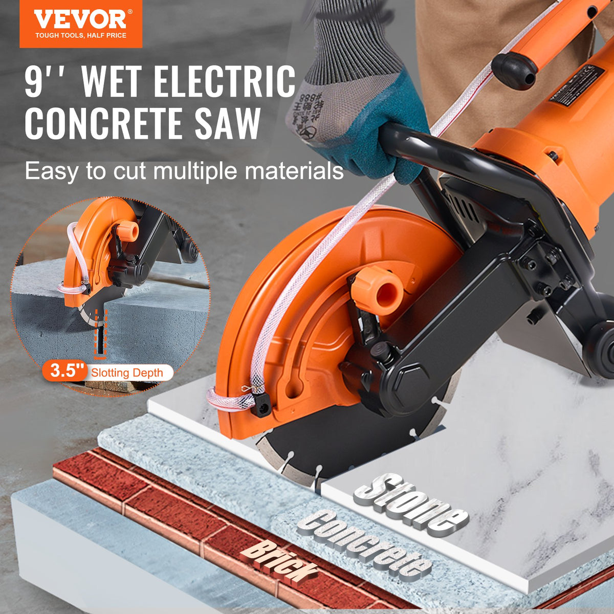 Electric Concrete Saw, 9 in, 2000 W 15 A Motor Circular Saw Cutter with 3.5 in Cutting Depth, Wet/Dry Disk V952-D1800W9IN35INLPBQV3