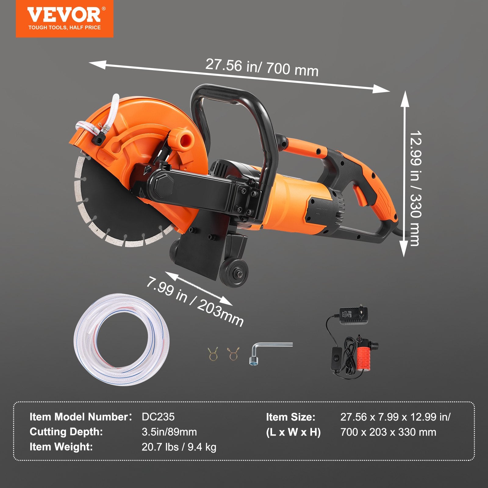 Electric Concrete Saw, 9 in, 2000 W 15 A Motor Circular Saw Cutter with 3.5 in Cutting Depth, Wet/Dry Disk V952-D1800W9IN35INLPBQV3