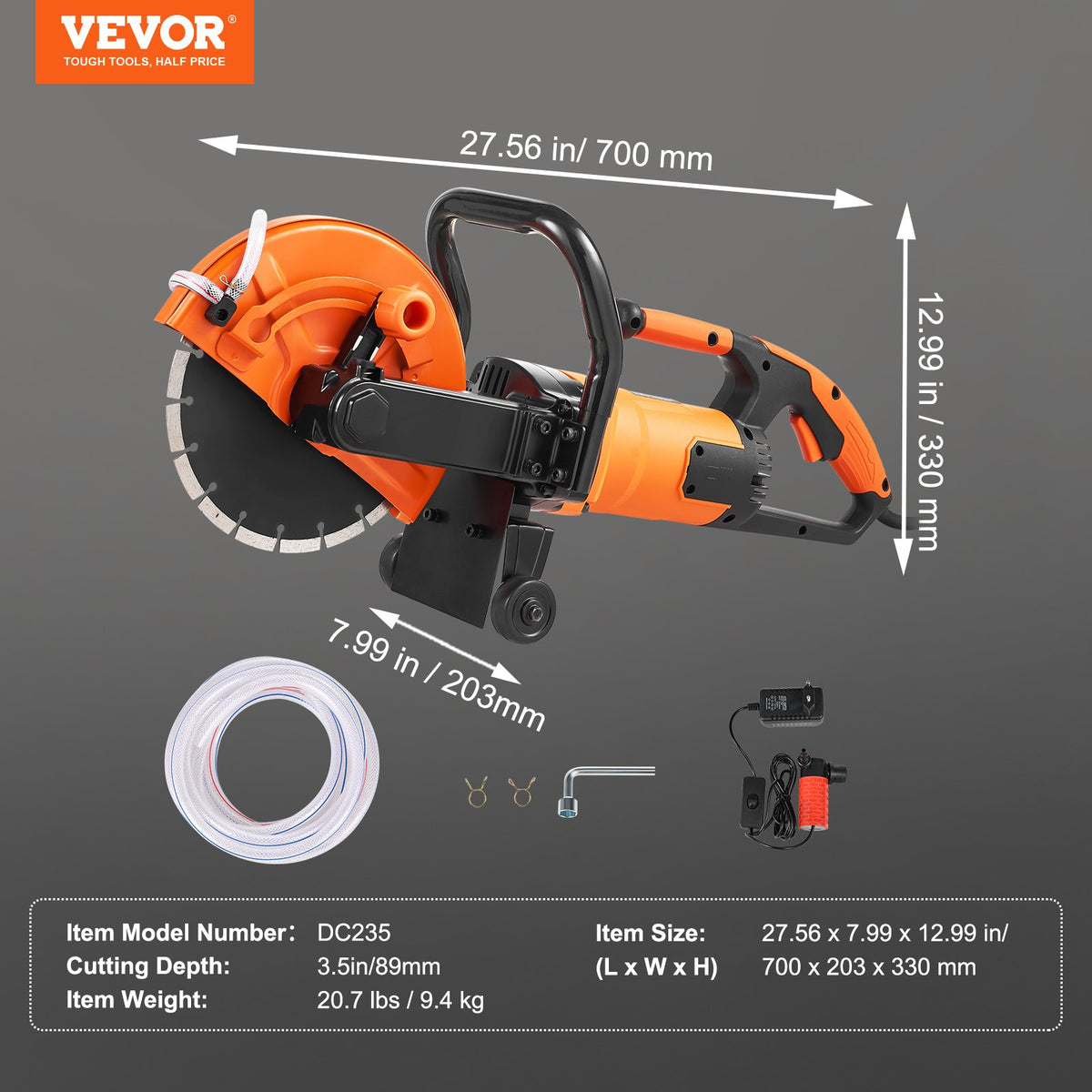 Electric Concrete Saw, 9 in, 2000 W 15 A Motor Circular Saw Cutter with 3.5 in Cutting Depth, Wet/Dry Disk V952-D1800W9IN35INLPBQV3