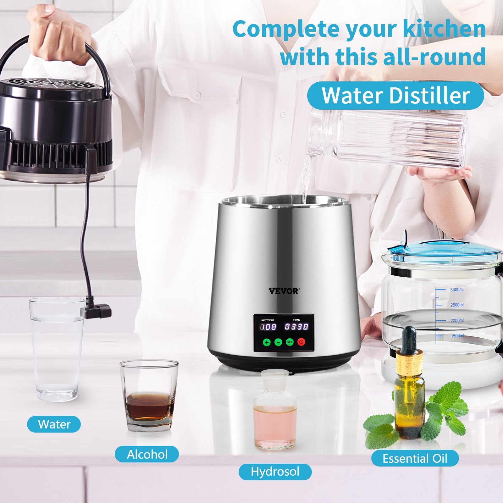 4L Water Distiller 1L/H Distilled Water Maker Timing & Temp Display Silver V952-D1LH1LH4L220VVD15V3