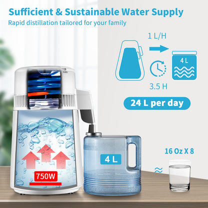 4L Water Distiller 1L/H Distilled Water Maker Timing & Temp Display White V952-D1LH4L1LH220VTOAVV3