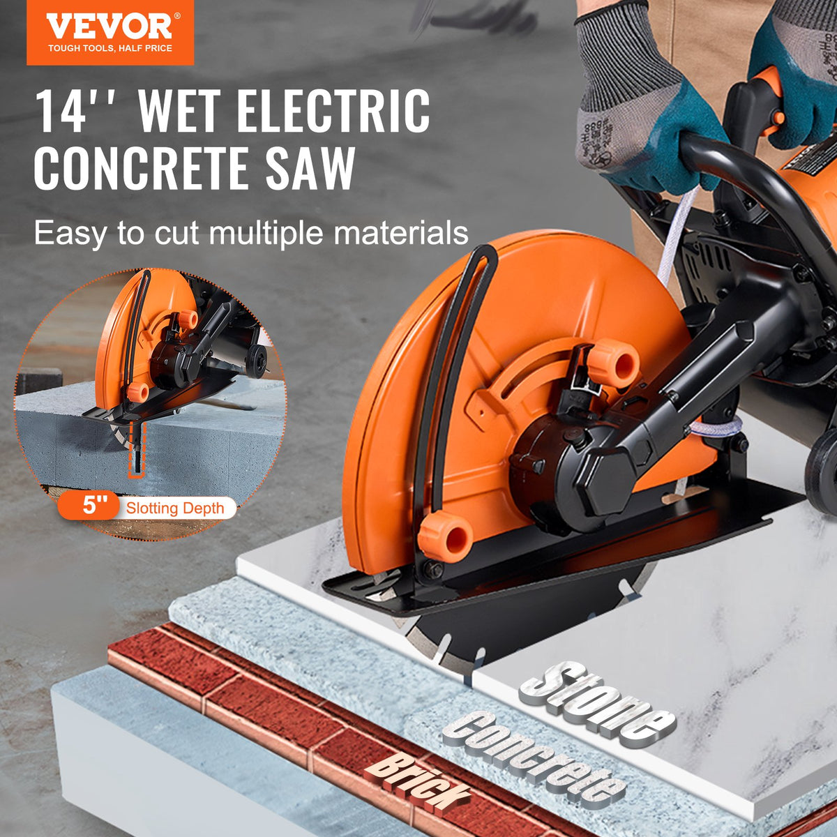 Electric Concrete Saw, 14 in, 2000 W Motor Circular Saw Cutter with Max. 5 in Adjustable Cutting Depth, Wet V952-D3200W14IN5INYGWJV3