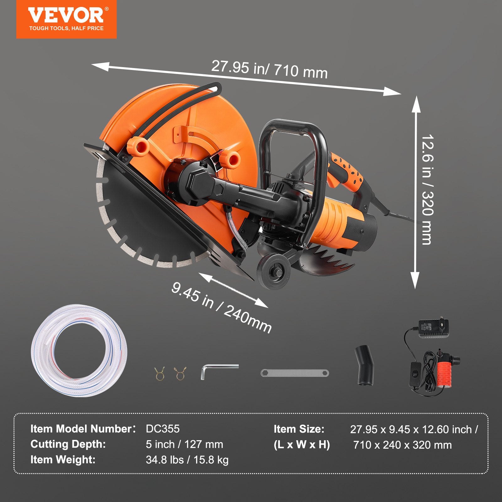 Electric Concrete Saw, 14 in, 2000 W Motor Circular Saw Cutter with Max. 5 in Adjustable Cutting Depth, Wet V952-D3200W14IN5INYGWJV3