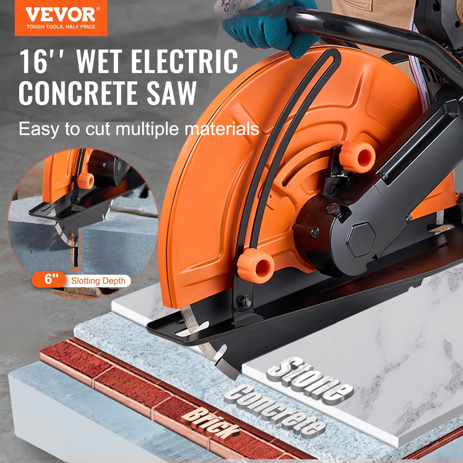 Electric Concrete Saw, 16 in, 2800 W 15 A Motor Circular Saw Cutter with Max. 6 in Adjustable Cutting Depth, V952-D3200W16IN6INQIFQV3