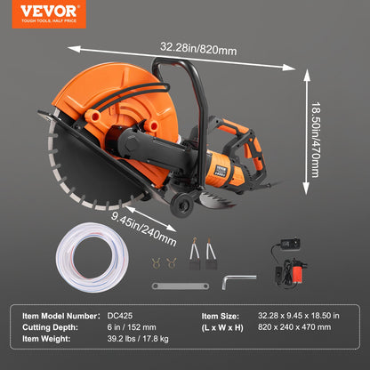 Electric Concrete Saw, 16 in, 2800 W 15 A Motor Circular Saw Cutter with Max. 6 in Adjustable Cutting Depth, V952-D3200W16IN6INQIFQV3