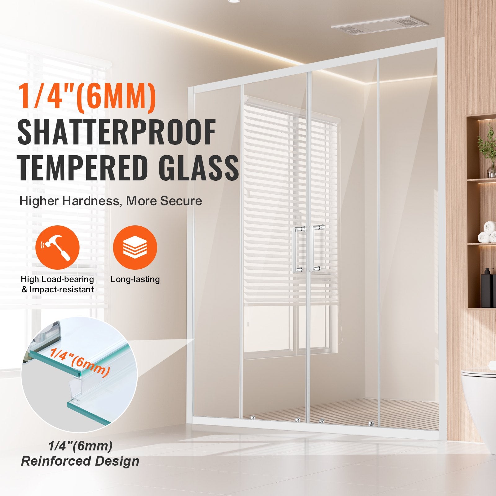 Semi-frameless Double Sliding Shower Door SGCC Tempered Glass 1/4" Chrome V952-DBKSMTLYSM6MDOGXSV0