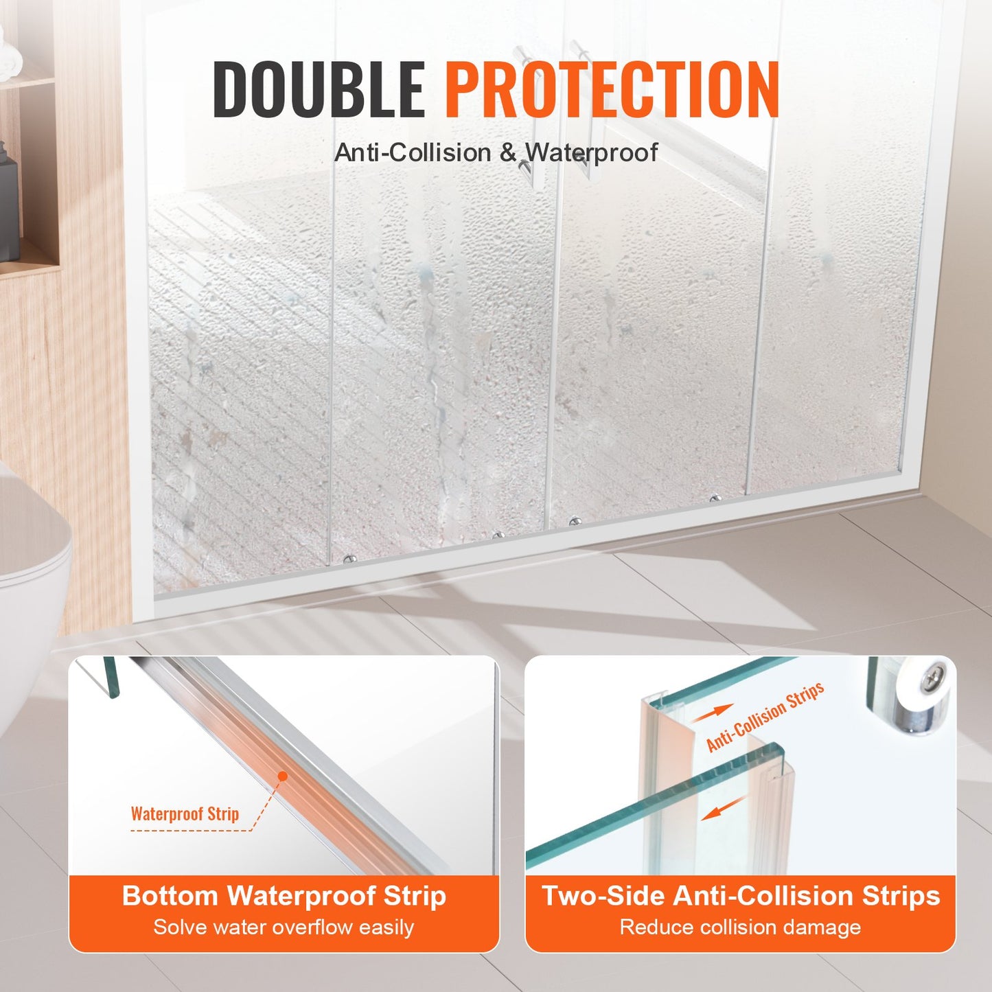 Semi-frameless Double Sliding Shower Door SGCC Tempered Glass 1/4" Chrome V952-DBKSMTLYSM6MDOGXSV0
