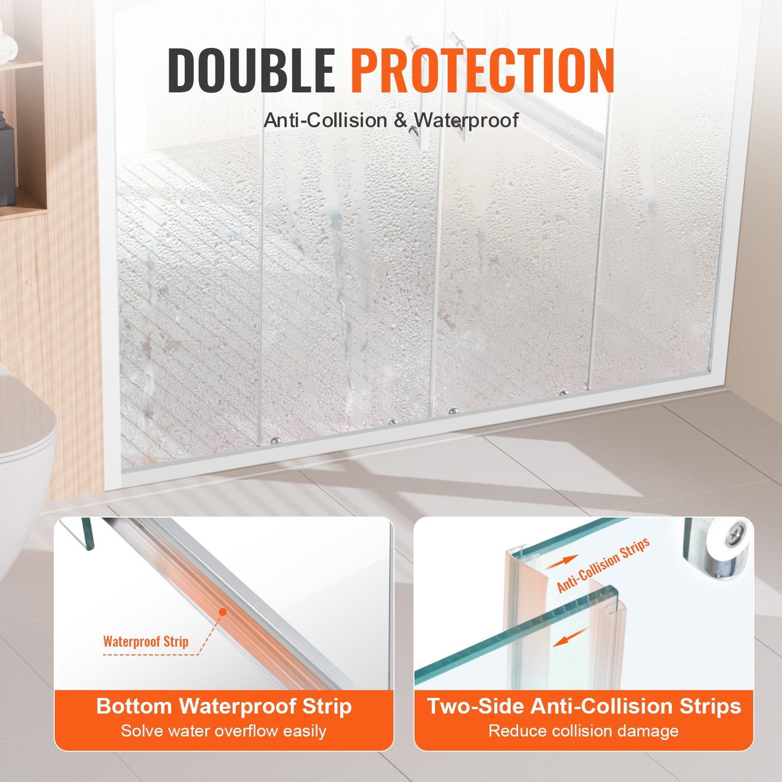 Semi-frameless Double Sliding Shower Door SGCC Tempered Glass 1/4" Chrome V952-DBKSMTLYSM6MDOGXSV0