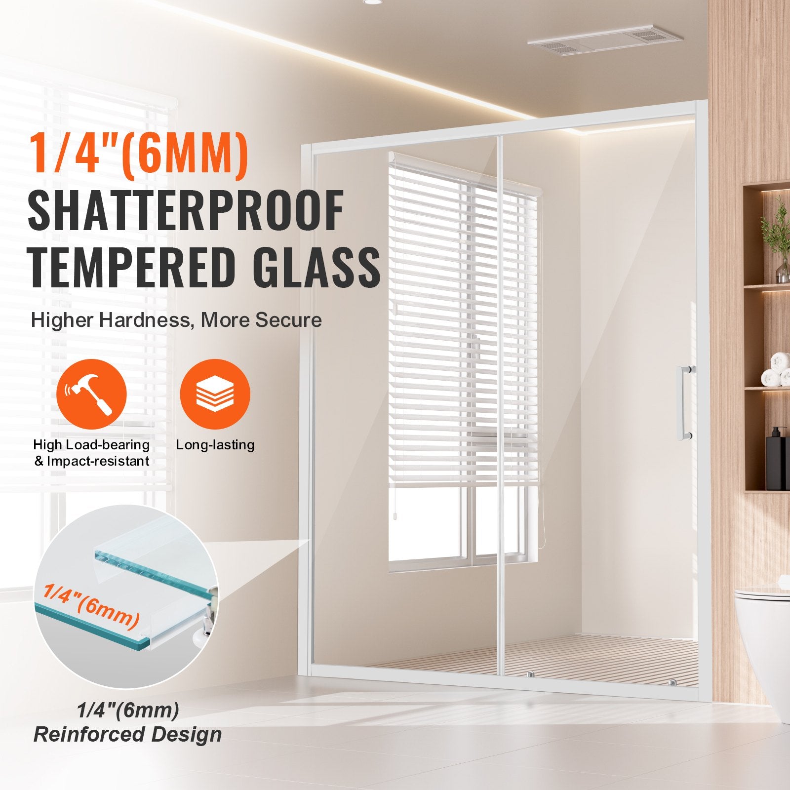 Semi-frameless Shower Door 57.7-59" x 70" SGCC Tempered Glass 1/4" Chrome V952-DBKSYMTLYSM6LNGAYV0