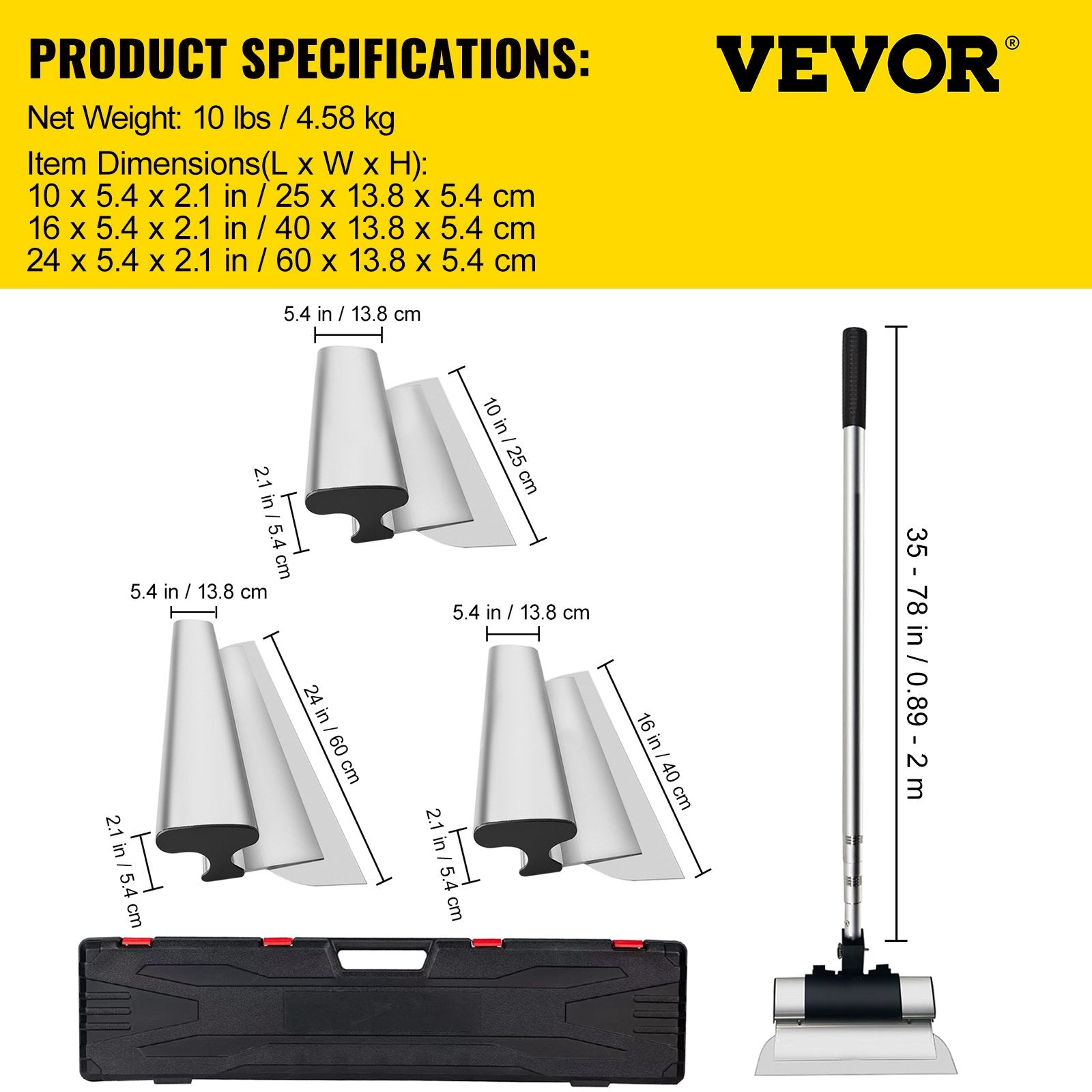Skimming Blade Set,10"+16"+24" Blades + 35"-78" Extension Handle, European Stainless Steel Construction V952-DBSNZGD101624KO0VV0