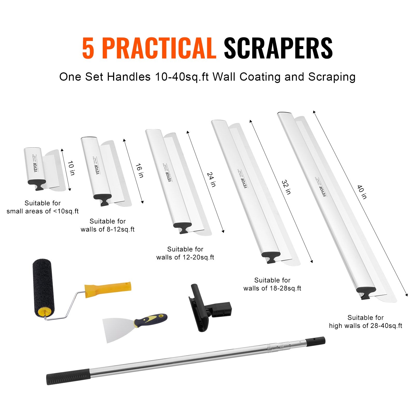 Drywall Skimming Blade Set, 10/16/24/32/40 in Skimming Blades + 34-81.6 in Extension Handle Pole, Stainless V952-DBSNZGDTZB5P39Z0LV0