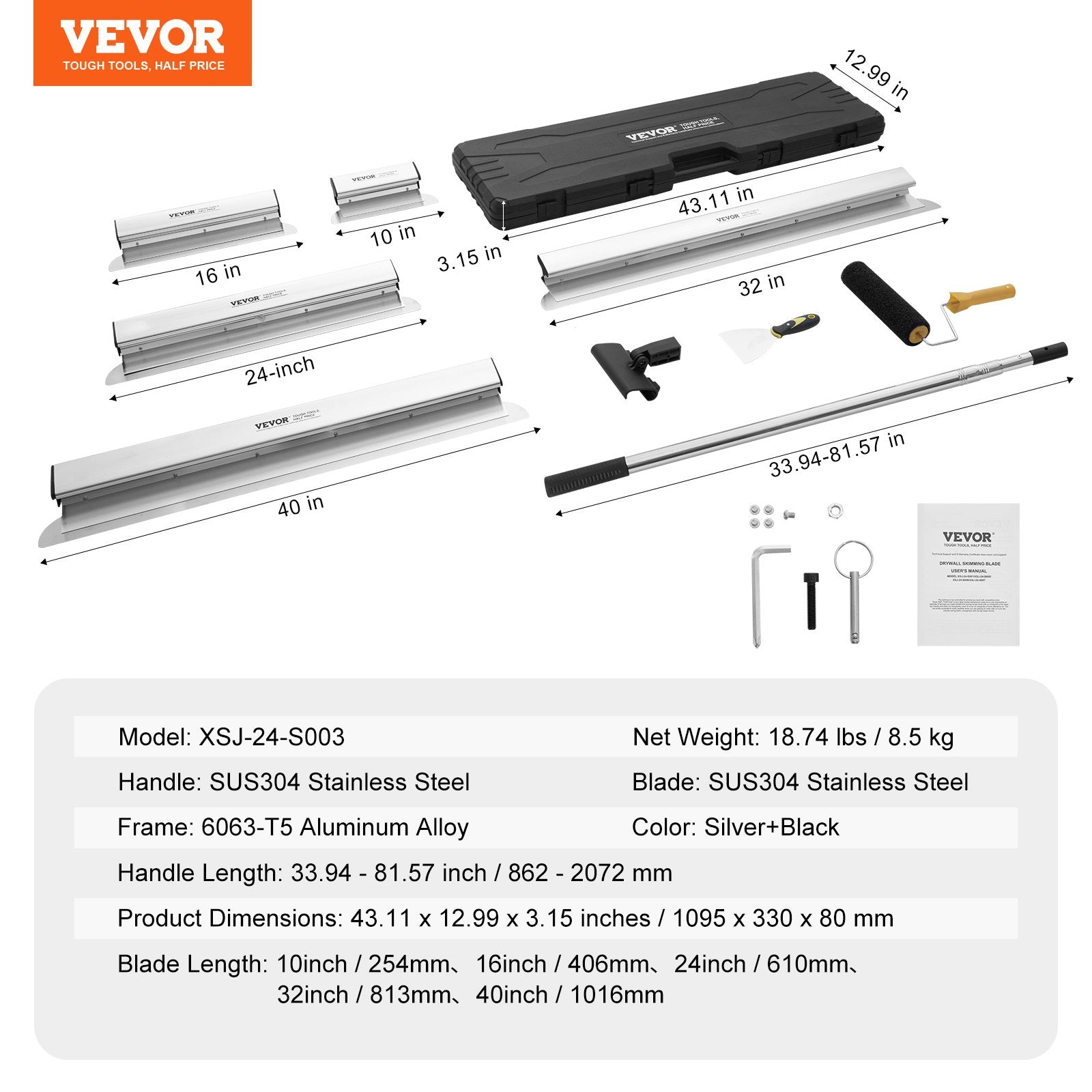 Drywall Skimming Blade Set, 10/16/24/32/40 in Skimming Blades + 34-81.6 in Extension Handle Pole, Stainless V952-DBSNZGDTZB5P39Z0LV0