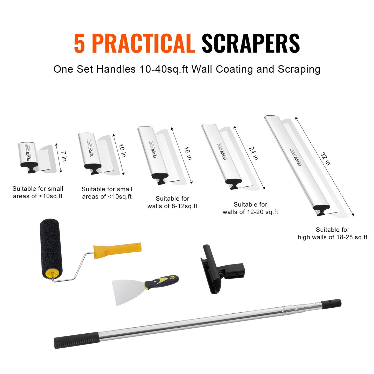 Drywall Skimming Blade Set, 7/10/14/16/24 in Skimming Blades + 34 - 81.6 in Extension Handle Pole, Stainless V952-DBSNZGDTZB5P59QZ2V0