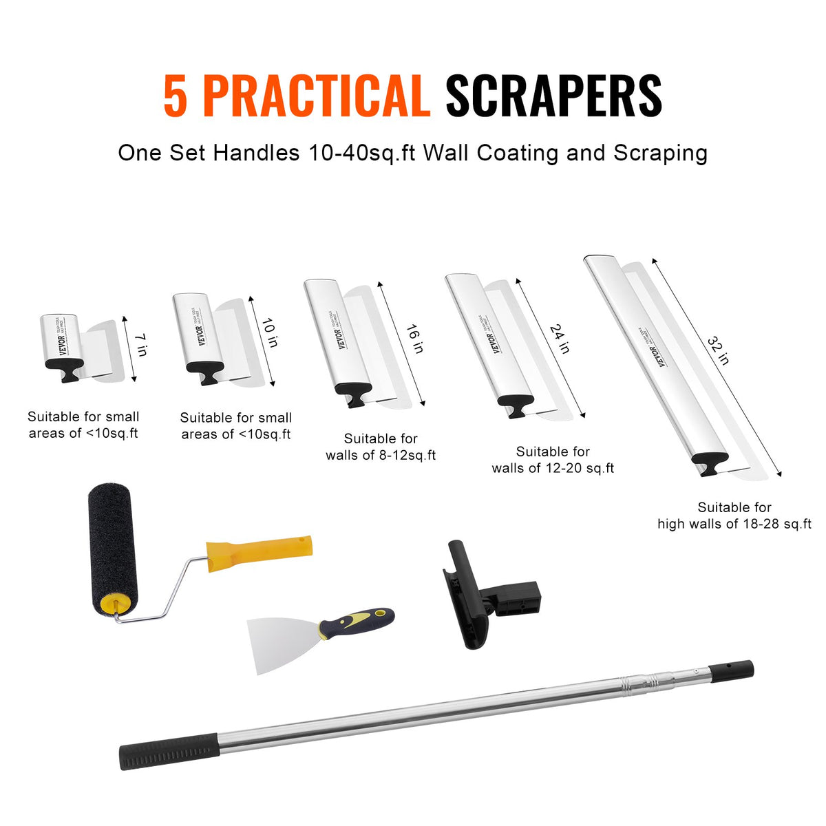 Drywall Skimming Blade Set, 7/10/14/16/24 in Skimming Blades + 34 - 81.6 in Extension Handle Pole, Stainless V952-DBSNZGDTZB5P59QZ2V0