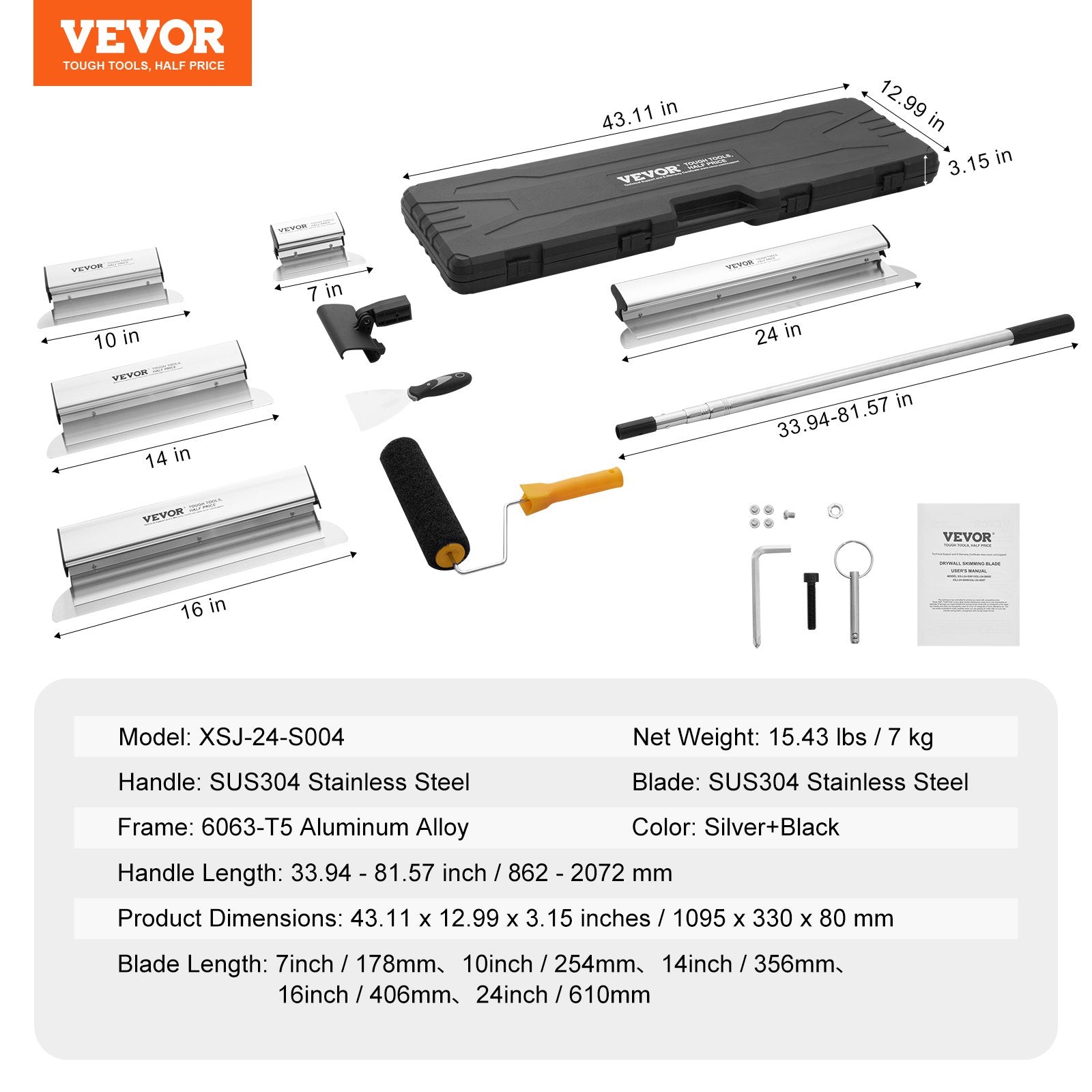 Drywall Skimming Blade Set, 7/10/14/16/24 in Skimming Blades + 34 - 81.6 in Extension Handle Pole, Stainless V952-DBSNZGDTZB5P59QZ2V0