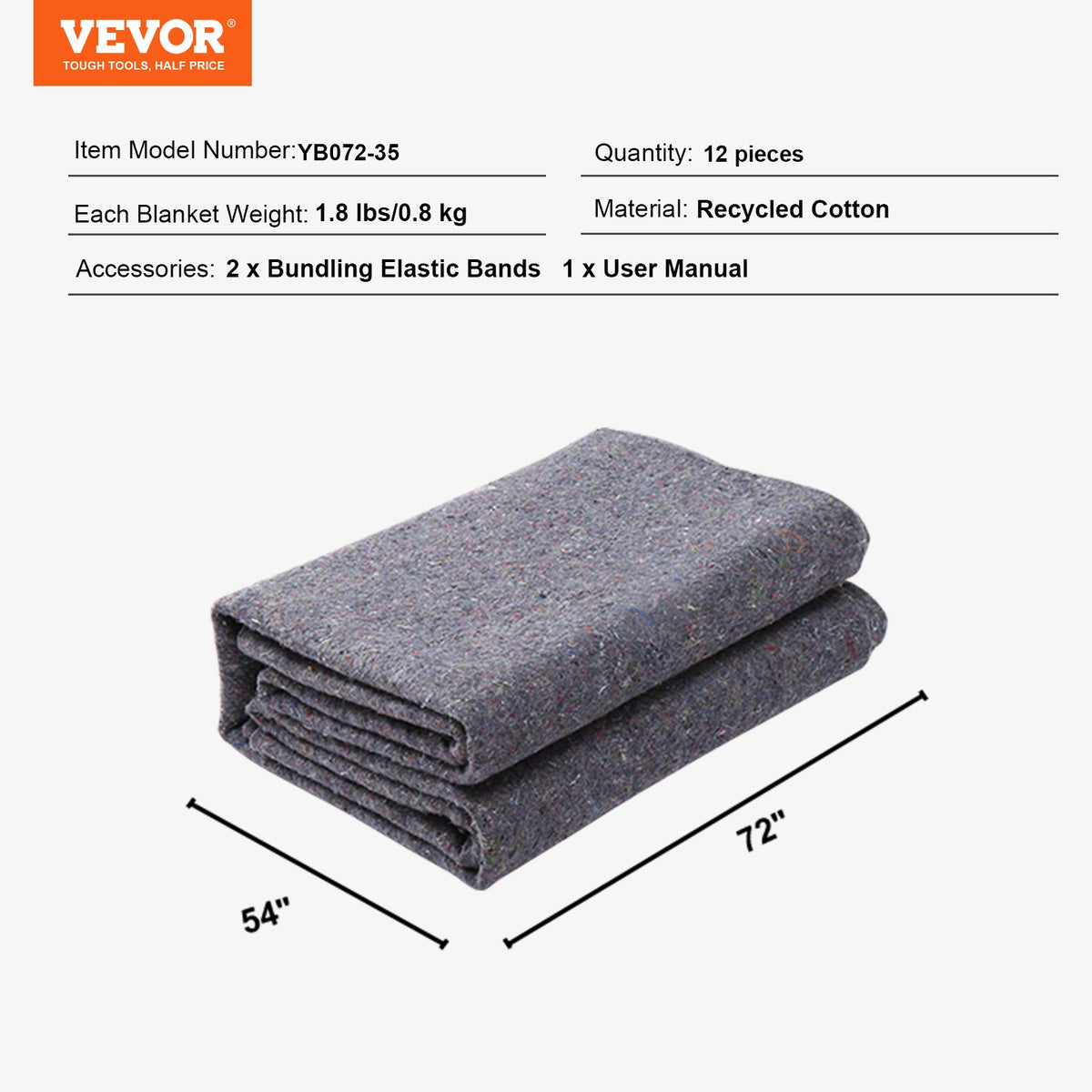 Moving Blankets, 1829 x 1372 mm, 12 kg/dz Weight, 12 Pack, Professional Recycled Cotton Packing Blanket, V952-DCBYT72X54INR64KOV0
