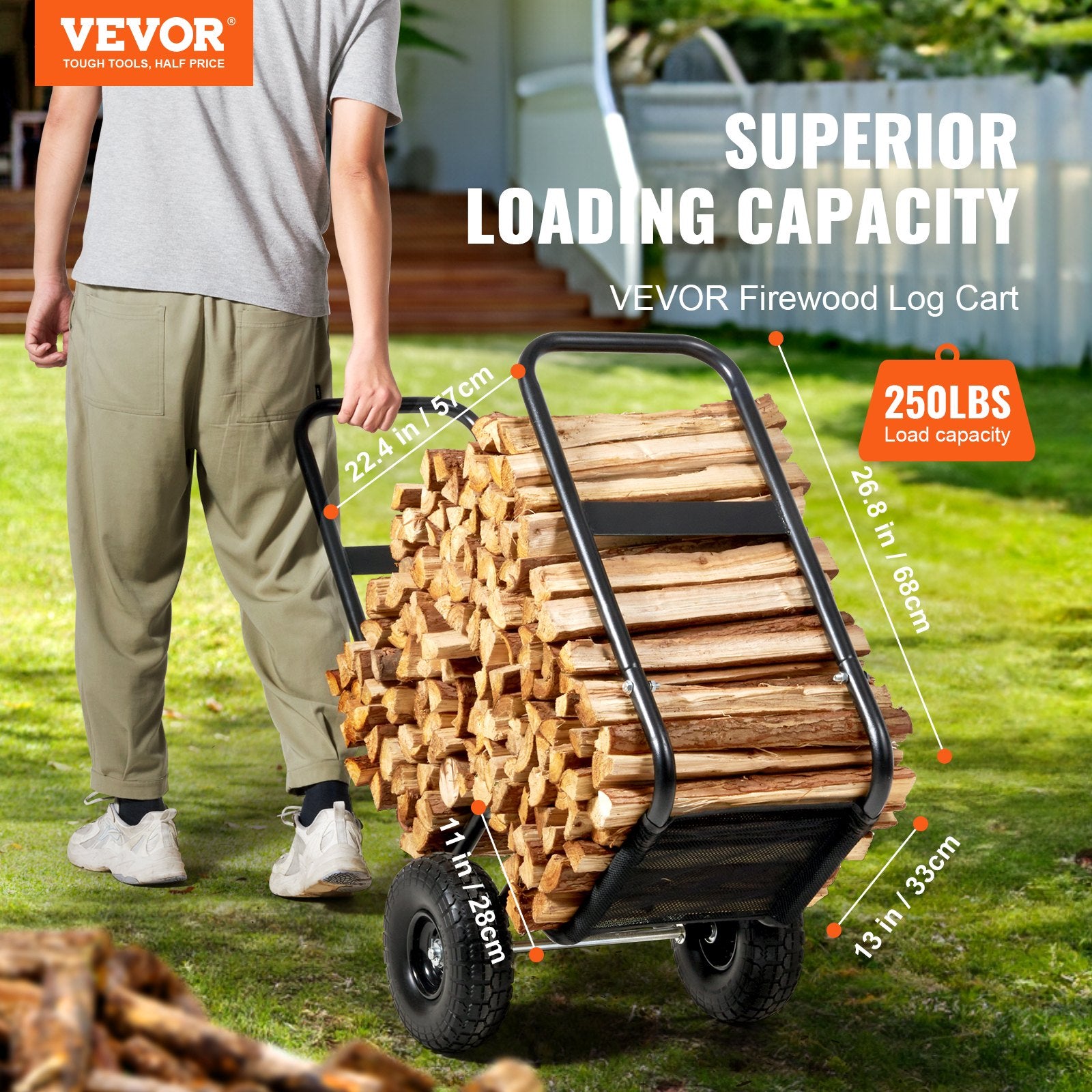 Firewood Log Cart Wood Mover Hauler 250 lbs Capacity on PU Wheels Dolly V952-DCCH43XH27XWHHAHJV0