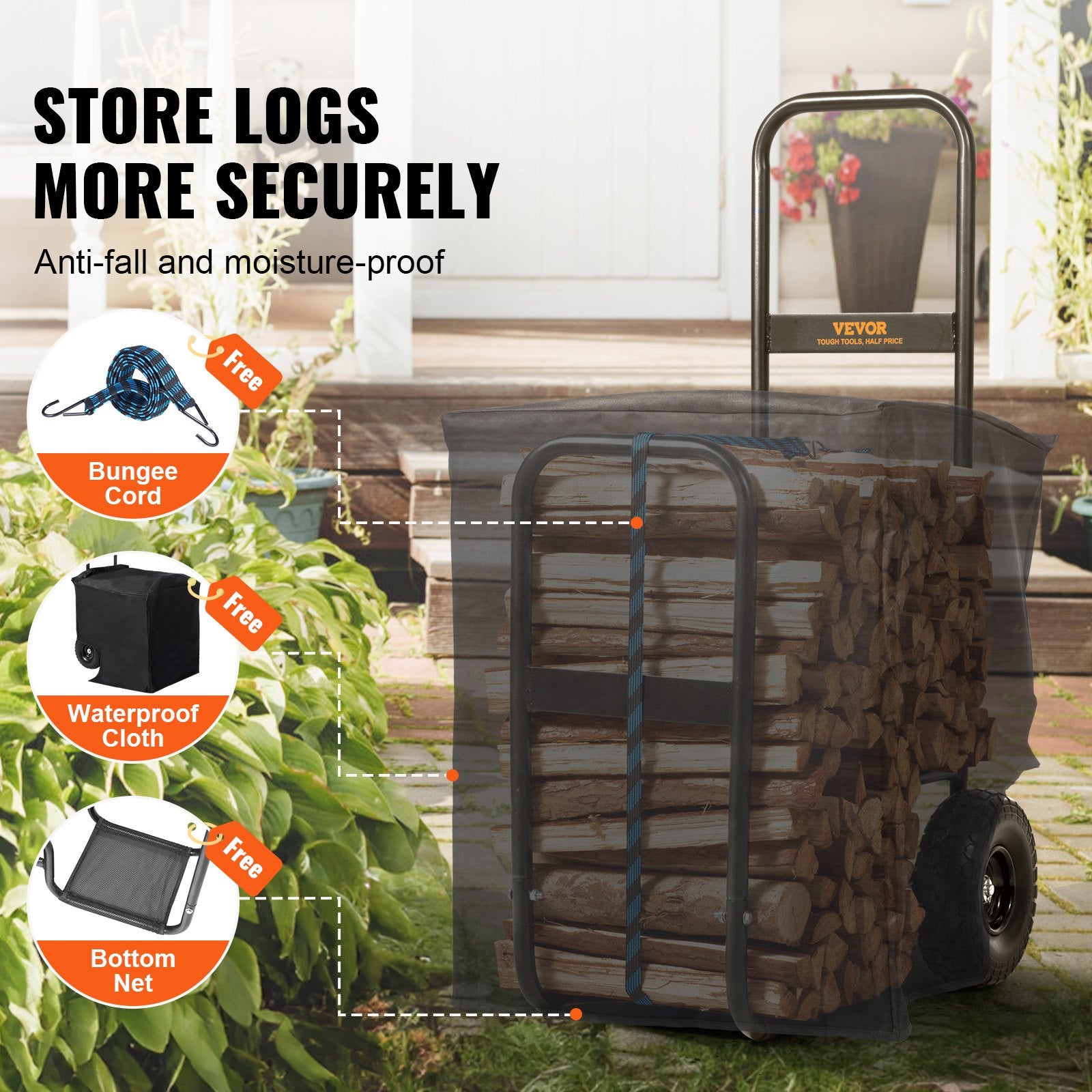 Firewood Log Cart Wood Mover Hauler 250 lbs Capacity on PU Wheels Dolly V952-DCCH43XH27XWHHAHJV0