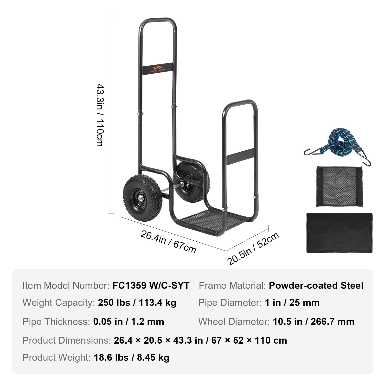 Firewood Log Cart Wood Mover Hauler 250 lbs Capacity on PU Wheels Dolly V952-DCCH43XH27XWHHAHJV0