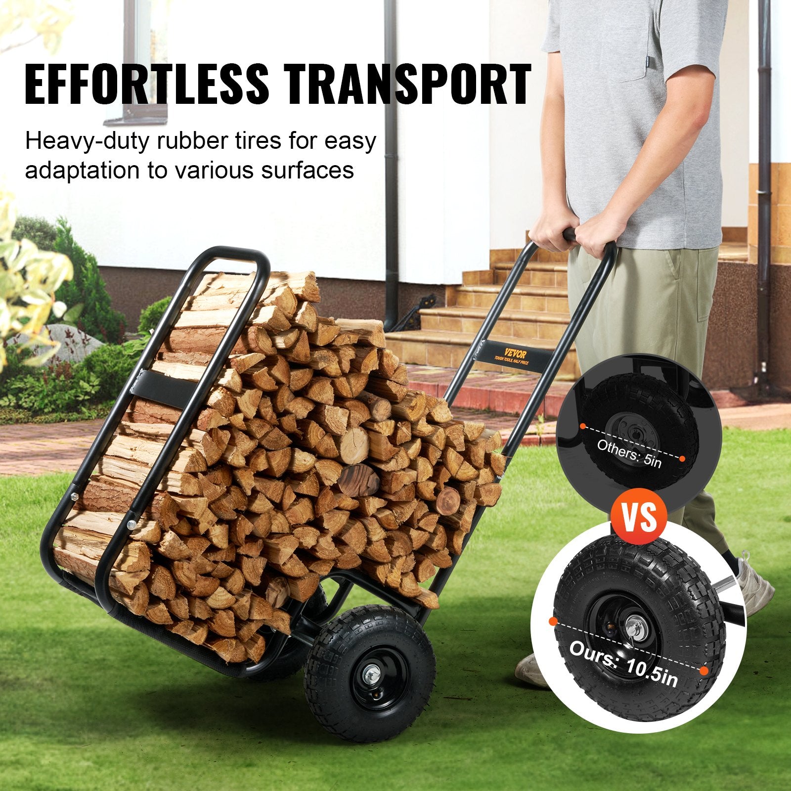 Firewood Log Cart, 113 kg Load Capacity, Outdoor and Indoor Wood Rack Storage Mover with Pneumatic Rubber V952-DCCH43XH27XWYTWGDV0