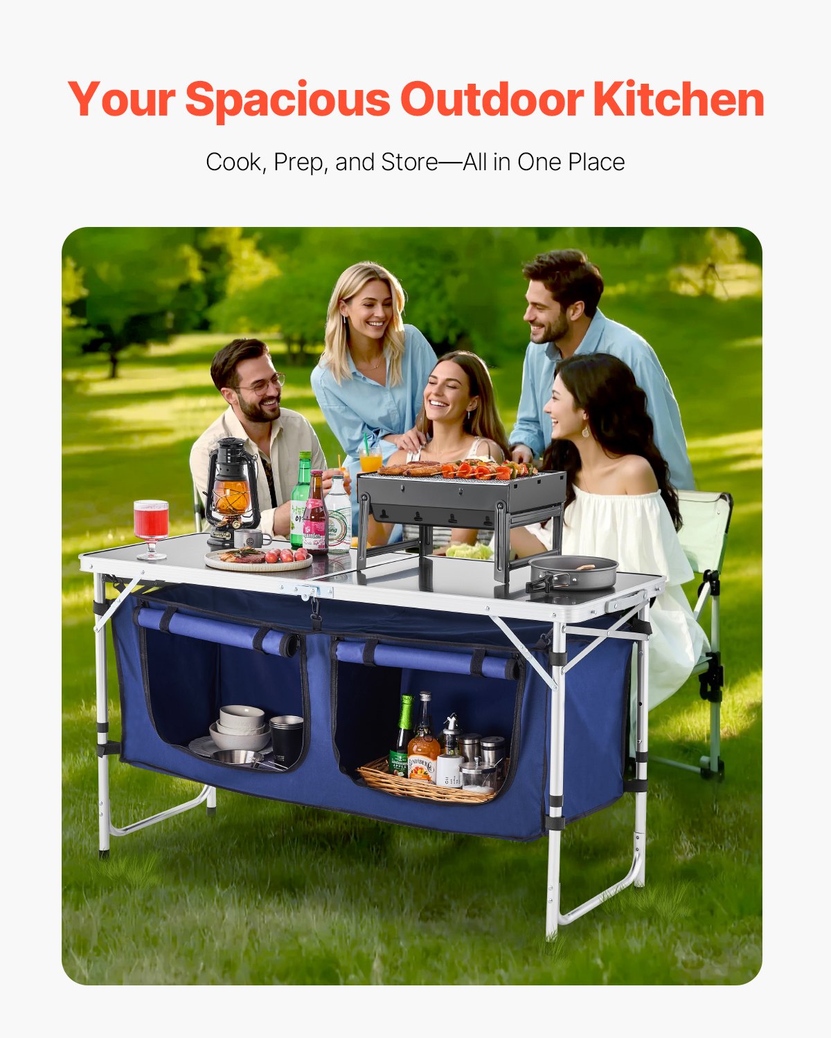 Camping Kitchen Table, Folding Outdoor Cooking Table, 3 Adjustable Height, Aluminum Lightweight Portable Cook V952-DCCWJKLSLSBY357B3V0