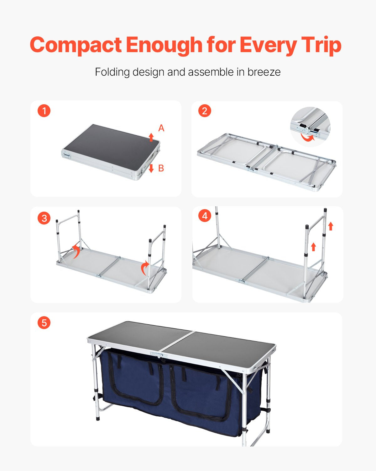 Camping Kitchen Table, Folding Outdoor Cooking Table, 3 Adjustable Height, Aluminum Lightweight Portable Cook V952-DCCWJKLSLSBY357B3V0