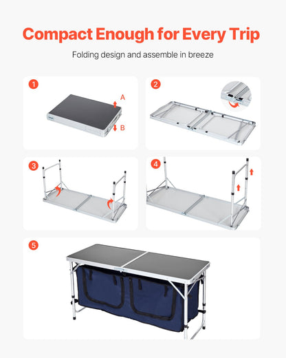 Camping Kitchen Table, Folding Outdoor Cooking Table, 3 Adjustable Height, Aluminum Lightweight Portable Cook V952-DCCWJKLSLSBY357B3V0