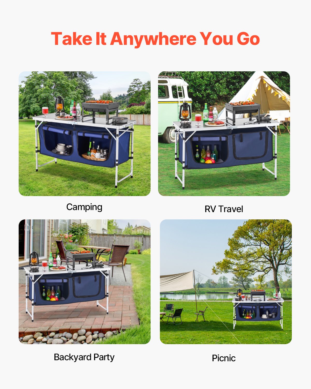 Camping Kitchen Table, Folding Outdoor Cooking Table, 3 Adjustable Height, Aluminum Lightweight Portable Cook V952-DCCWJKLSLSBY357B3V0