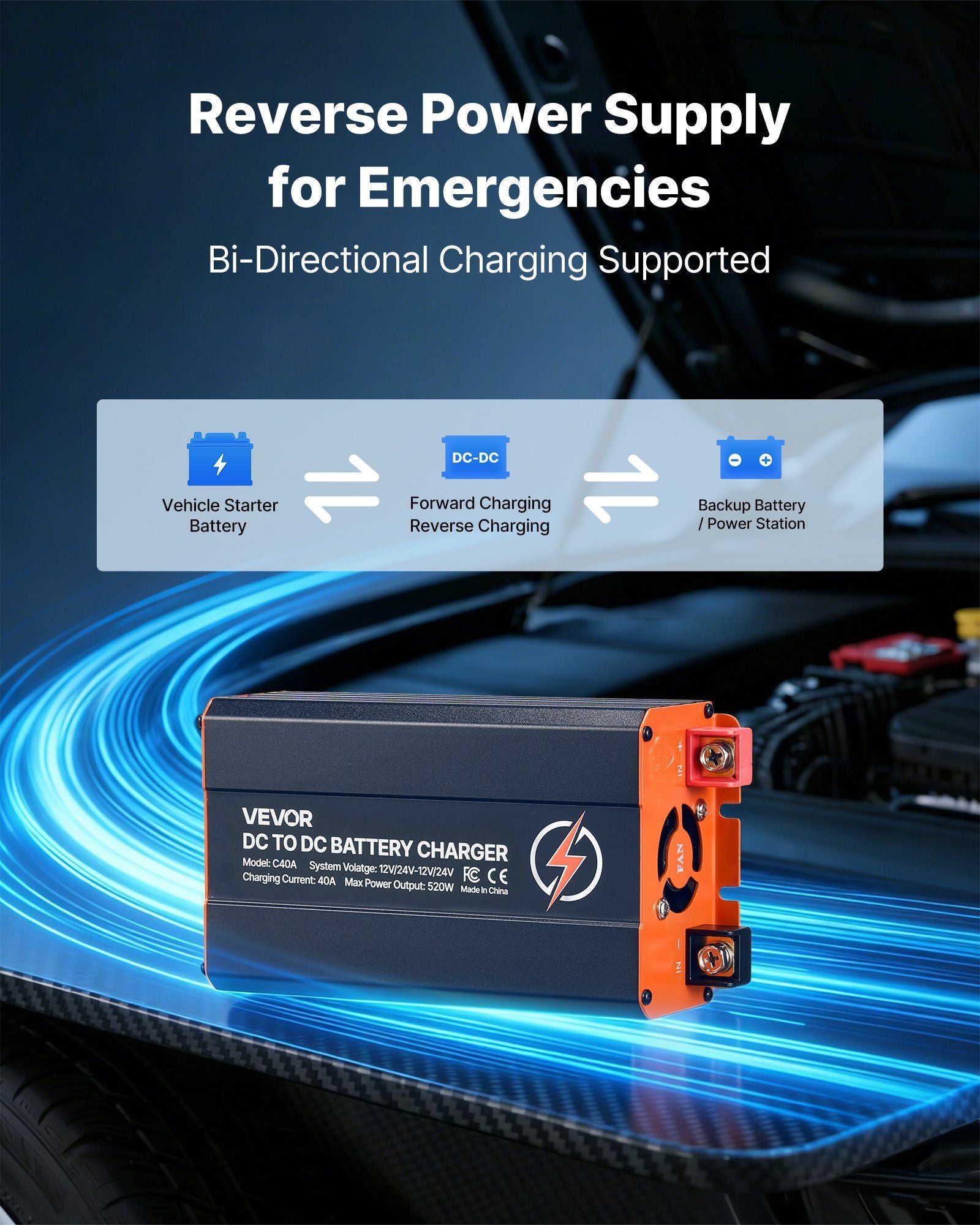 DC to DC Battery Charger, 520W, 40A Alternator Charger, Fast DC-DC Charging for Portable Power Stations, V952-DCDCDDY12V24PZD1S001V9