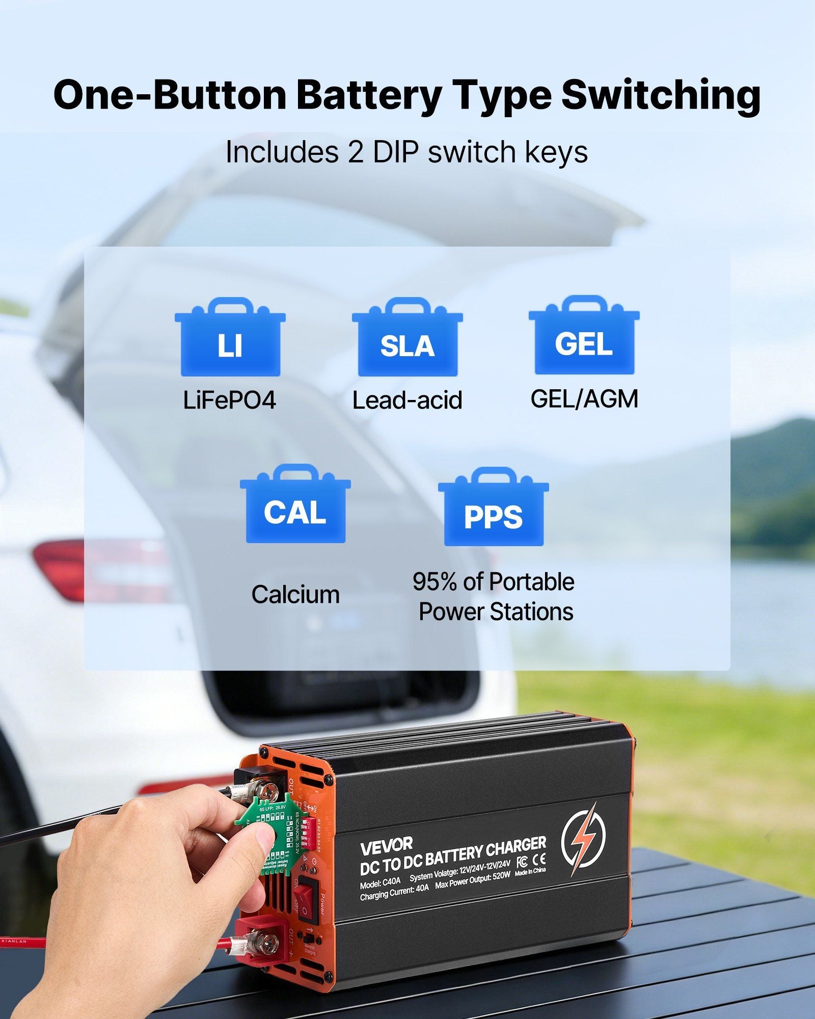 DC to DC Battery Charger, 520W, 40A Alternator Charger, Fast DC-DC Charging for Portable Power Stations, V952-DCDCDDY12V24PZD1S001V9