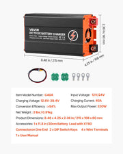DC to DC Battery Charger, 520W, 40A Alternator Charger, Fast DC-DC Charging for Portable Power Stations, V952-DCDCDDY12V24PZD1S001V9