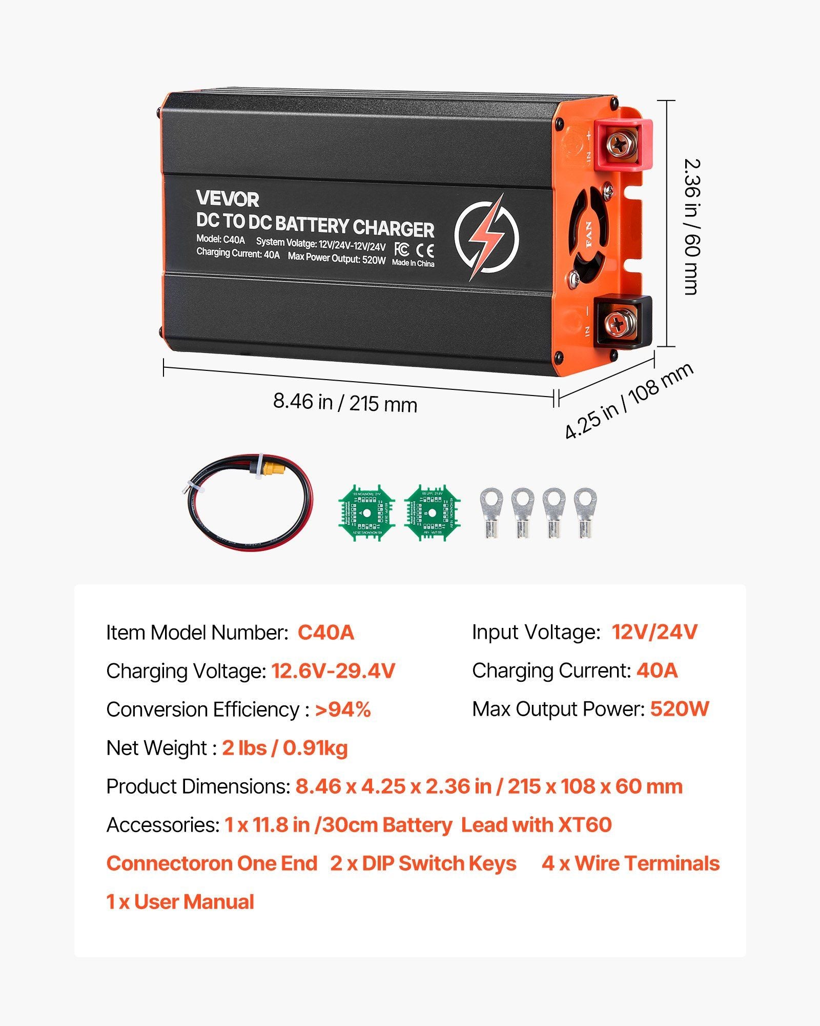 DC to DC Battery Charger, 520W, 40A Alternator Charger, Fast DC-DC Charging for Portable Power Stations, V952-DCDCDDY12V24PZD1S001V9