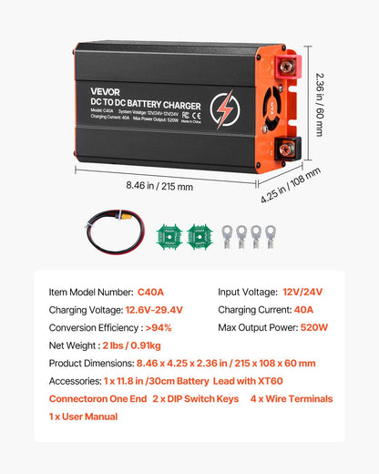 DC to DC Battery Charger, 520W, 40A Alternator Charger, Fast DC-DC Charging for Portable Power Stations, V952-DCDCDDY12V24PZD1S001V9
