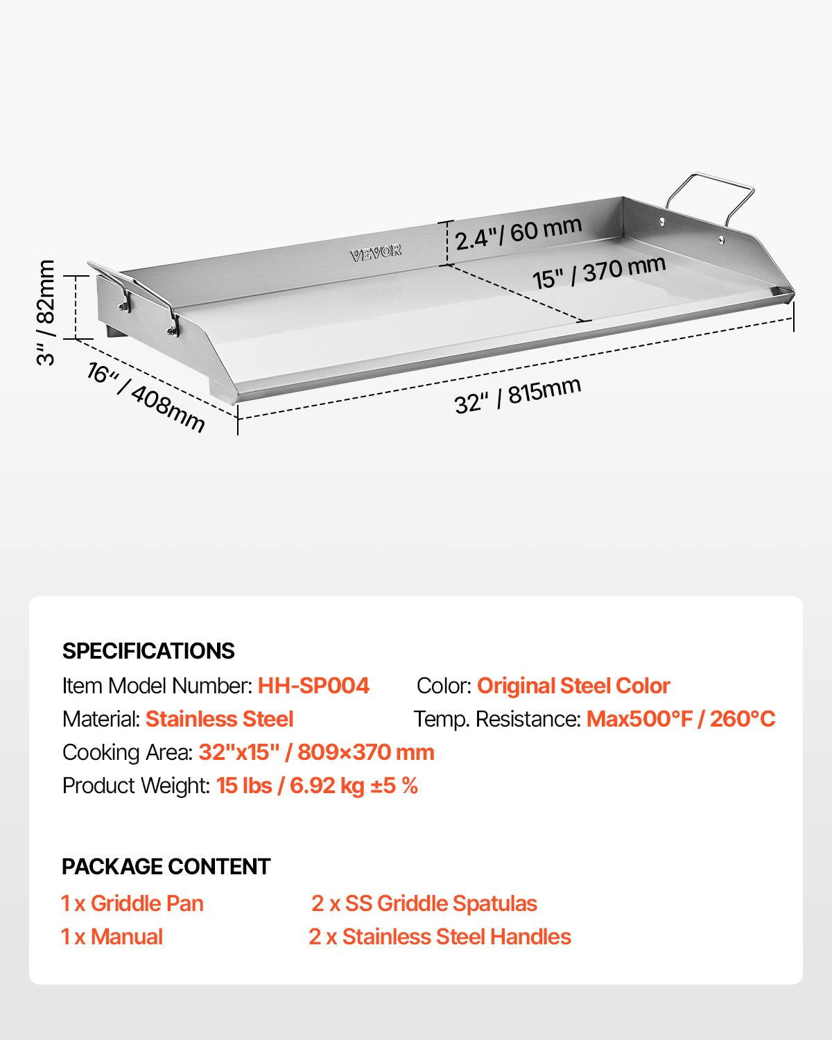 Stainless Steel Griddle, 32x16 inch Universal Flat Top Rectangular Plate, Gas Grill Griddle for BBQ Grill, V952-DCJPBXG3217INLUP8V0