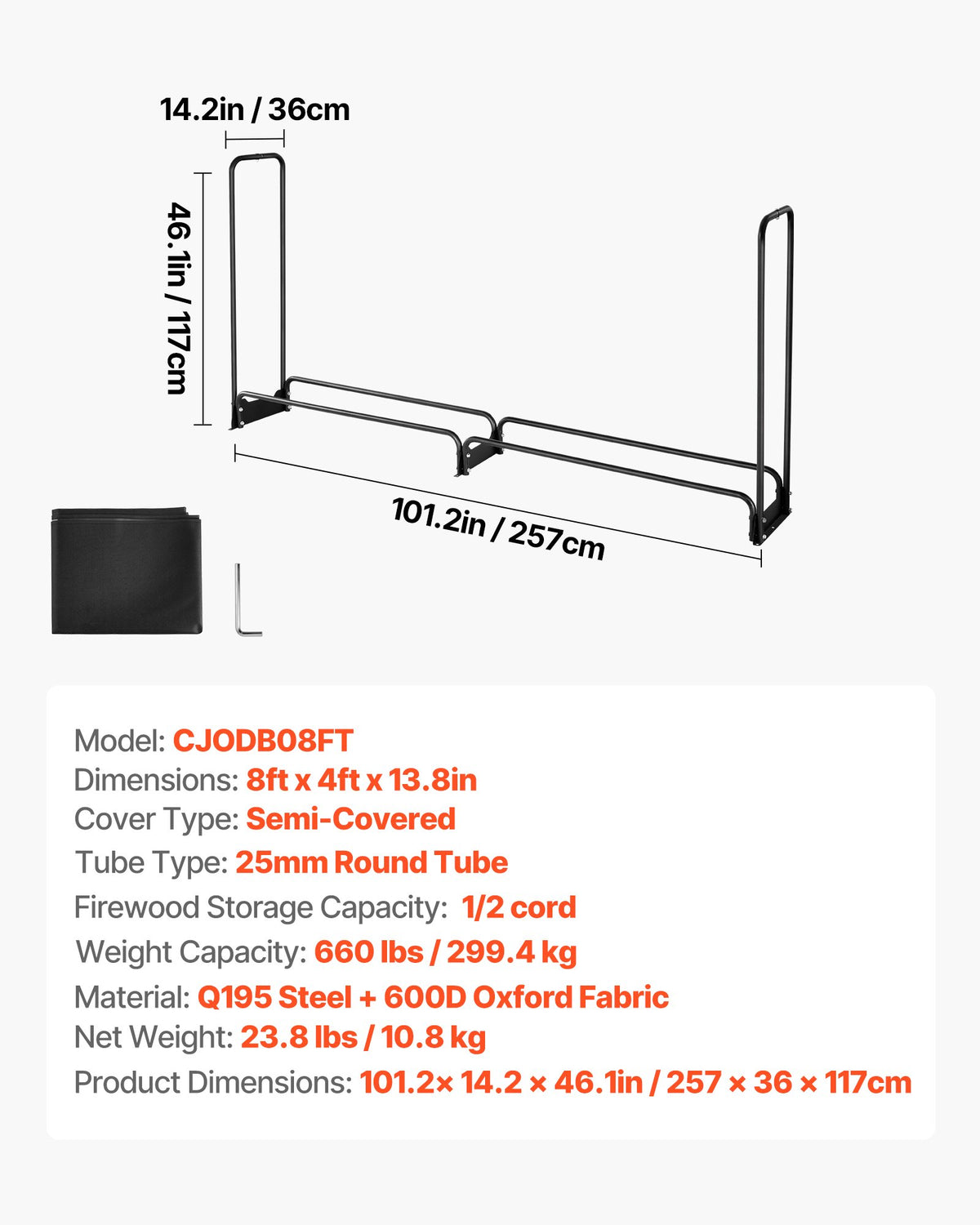 Firewood Rack with Waterproof Cover, 257 x 36 x 117 cm Outdoor Firewood Holder, 660lb Weight Capacity, 1/2 V952-DCJPSYGNJB102MUXJV0