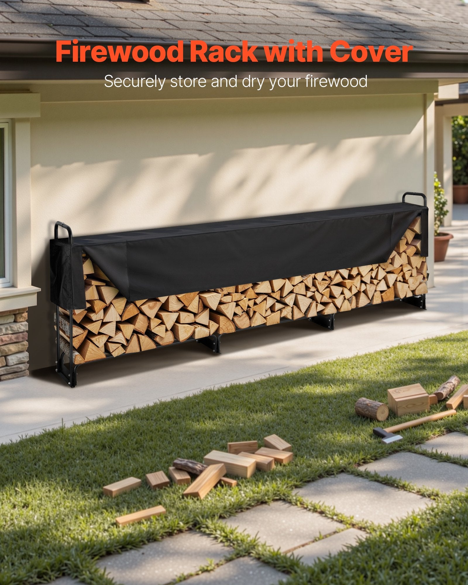 Firewood Rack with Waterproof Cover, 383 x 36 x 117 cm Outdoor Firewood Holder, 660lb Weight Capacity, 1/2 V952-DCJPSYGNJB152FGMBV0